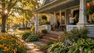 Older couple relaxes on the front porch of a craftsman home with flower gardens along a sunlit residential street.