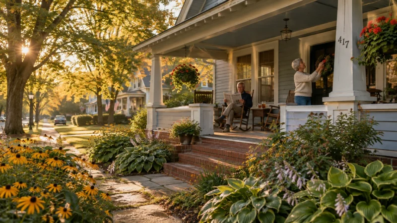 Older couple relaxes on the front porch of a craftsman home with flower gardens along a sunlit residential street.