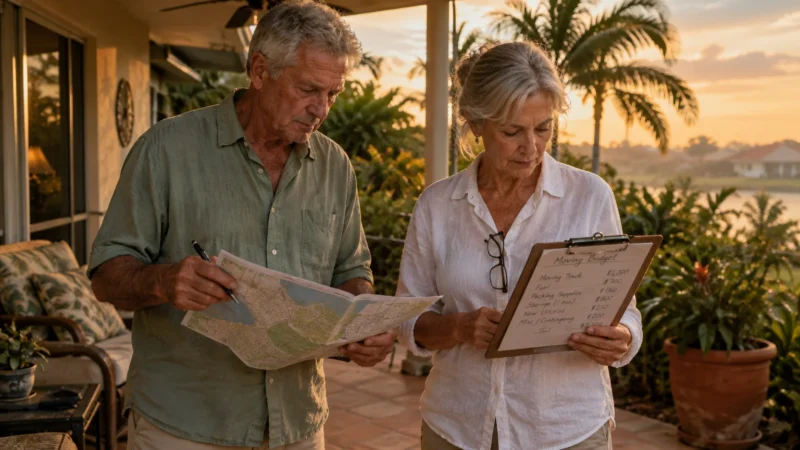 Older man with a map and woman with a moving budget clipboard stand outside on a patio at sunset.