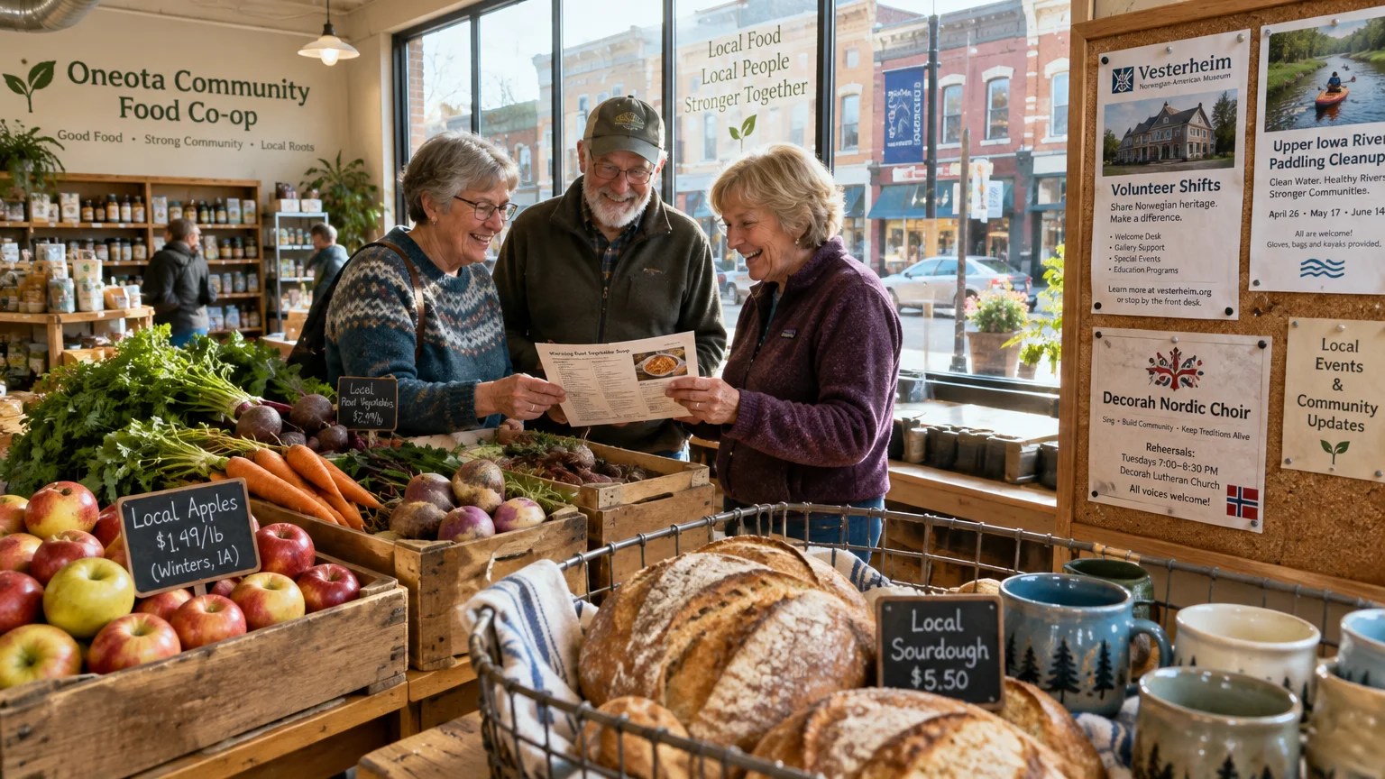 Three older adults smile while reading a paper together inside a grocery co-op stocked with fresh bread and produce.