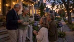 Four older adults chat and share baked goods on a lit suburban porch at dusk.