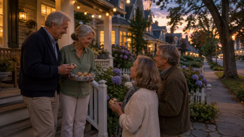 Four older adults chat and share baked goods on a lit suburban porch at dusk.