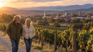 An older couple walks along a vineyard path at sunset, overlooking a small valley town and distant hills.