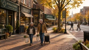 Senior couple walking along a brick sidewalk carrying groceries past town shops in autumn.