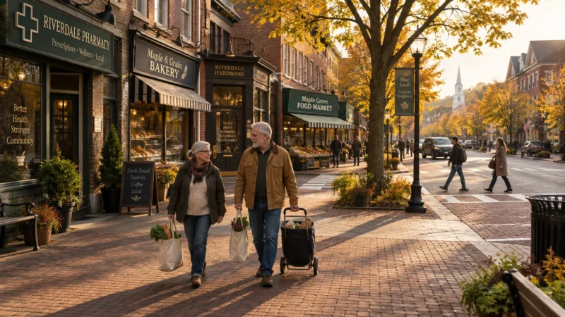 Senior couple walking along a brick sidewalk carrying groceries past town shops in autumn.