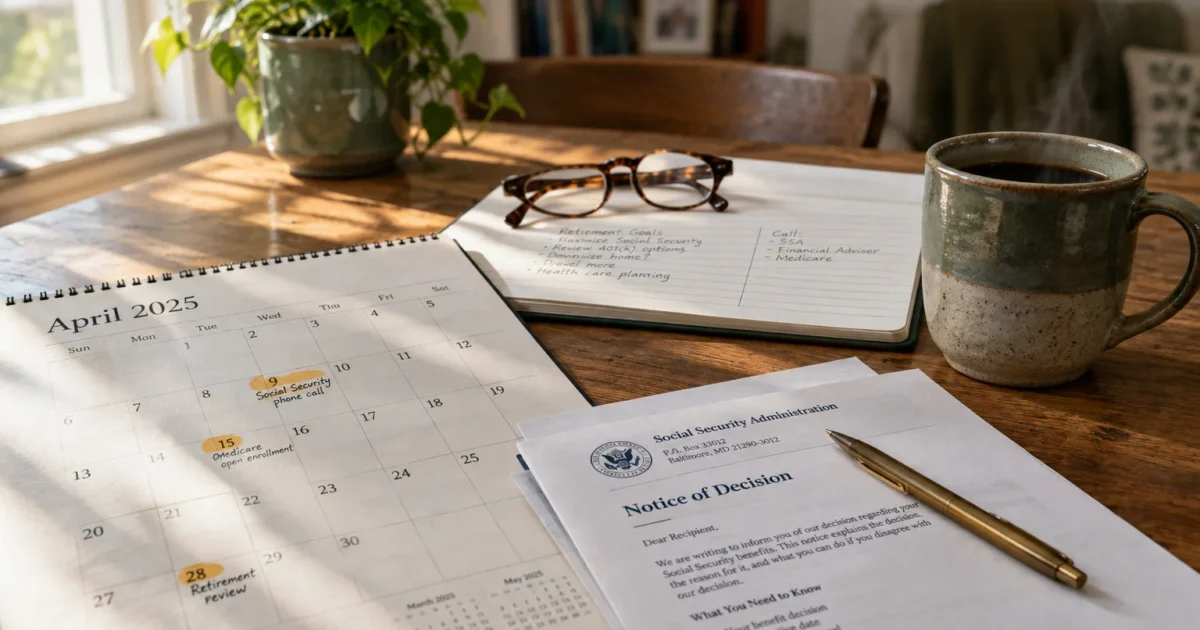 Desk with an April 2025 calendar, a Social Security Administration notice, a pen, eyeglasses, and a coffee mug.