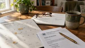 Desk with an April 2025 calendar, a Social Security Administration notice, a pen, eyeglasses, and a coffee mug.