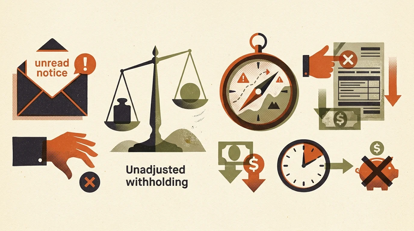 Illustrations of financial pitfalls including an unread notice, a scale, a compass, and a crossed-out piggy bank.