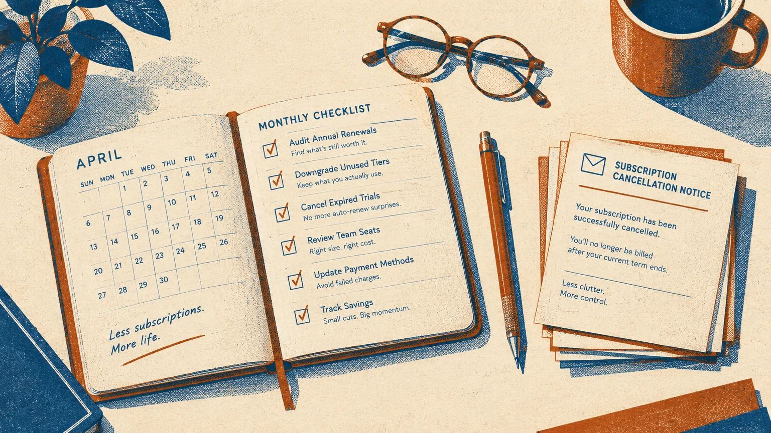 Illustrated desktop with an open planner checklist, calendar, glasses, coffee cup, and subscription cancellation note.