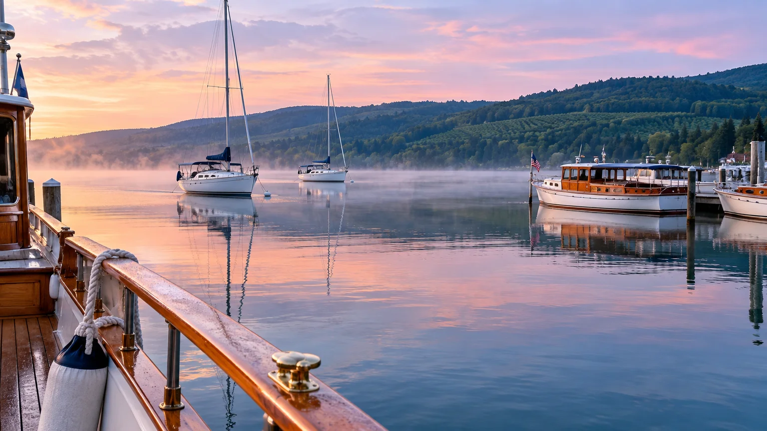 Wooden boats and sailboats moored in a calm harbor with low morning mist against forested hills at sunrise.