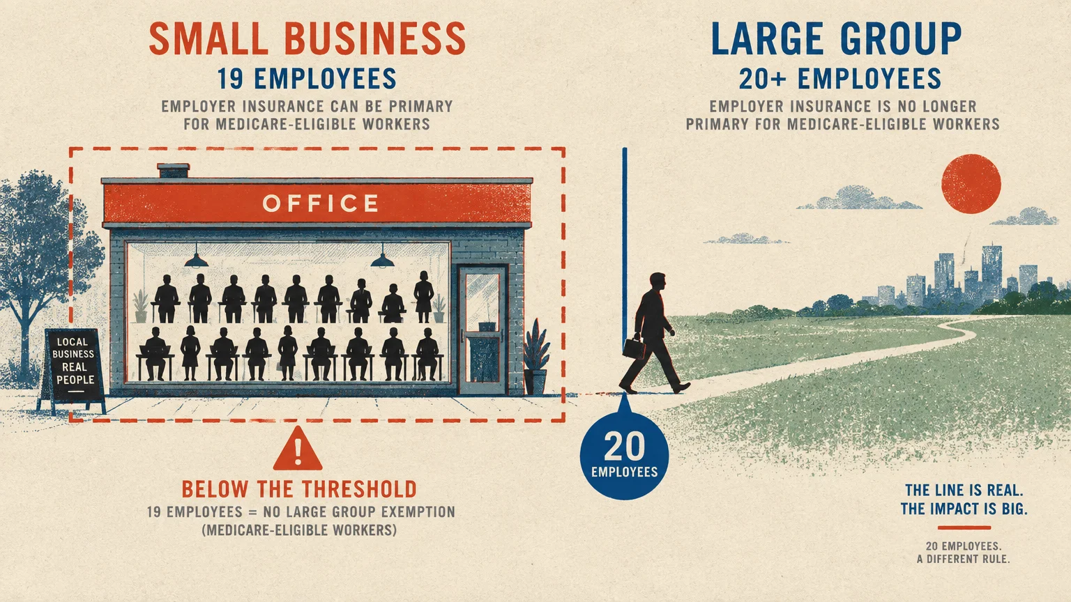 Illustration contrasting a small office of 19 workers with a person walking toward a city past a 20-employee divider.