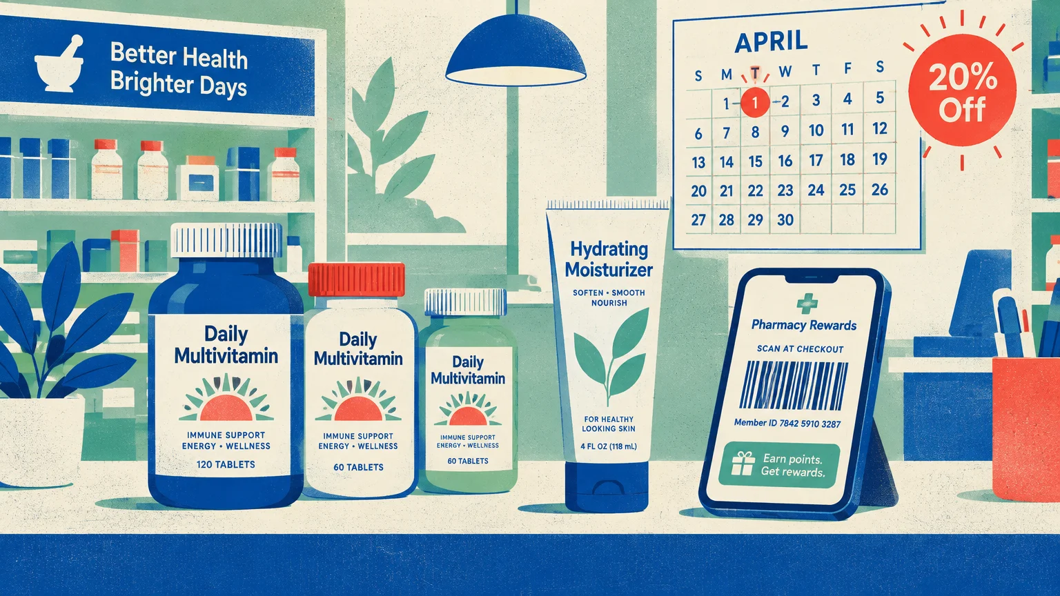 Illustration of pharmacy vitamins, lotion, a rewards app on a smartphone, and a calendar showing 20% off the first Tuesday.