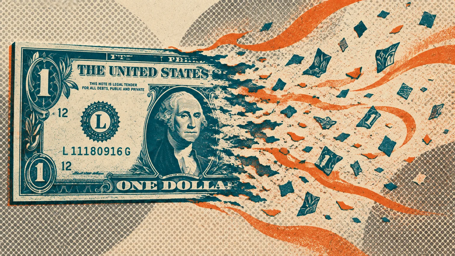 Illustration of a one-dollar bill dissolving into fragments and orange flame-like ribbons across a textured background.