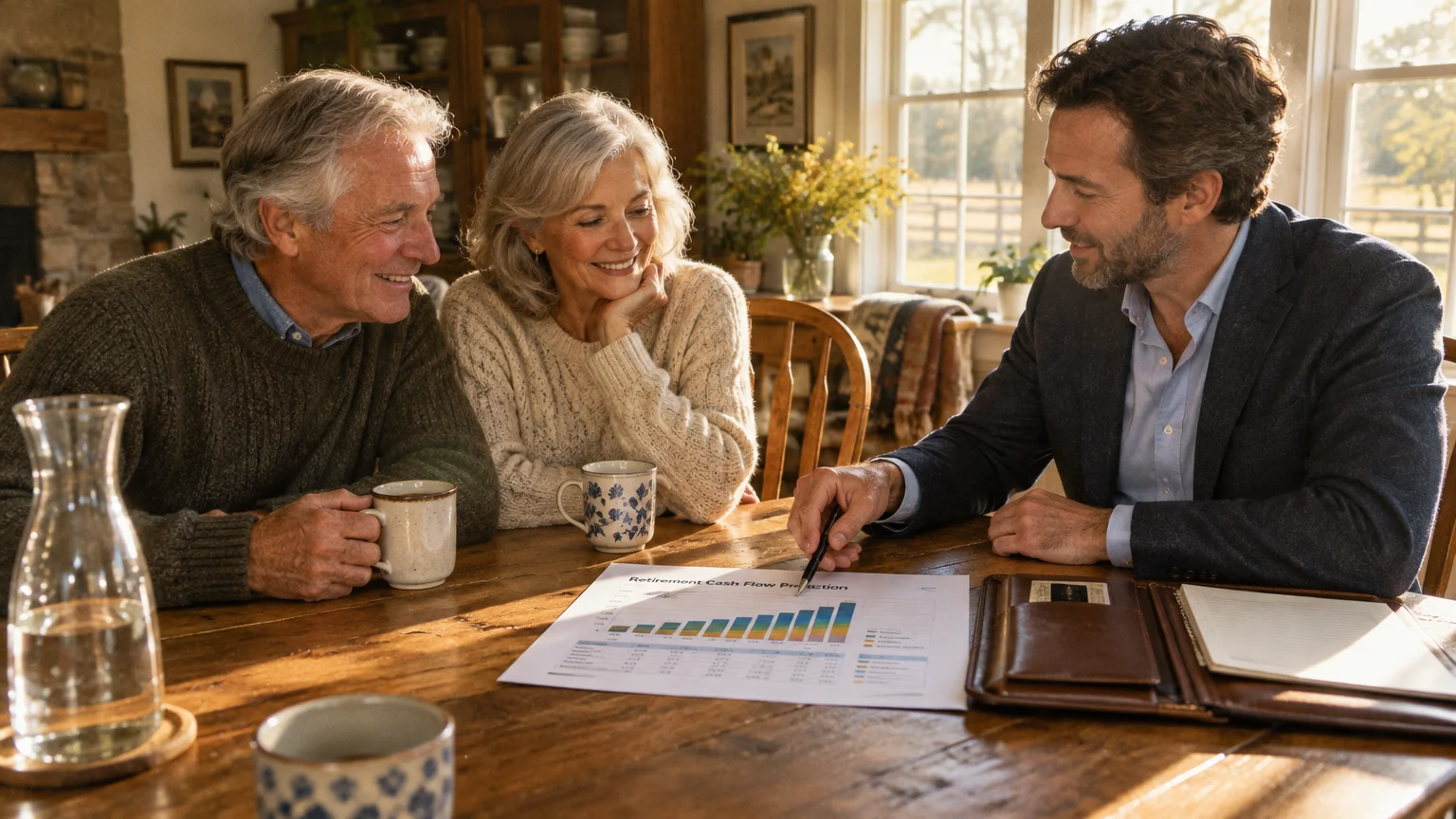 An advisor pointing at a retirement cash flow chart while meeting with a senior couple at a wooden dining table.