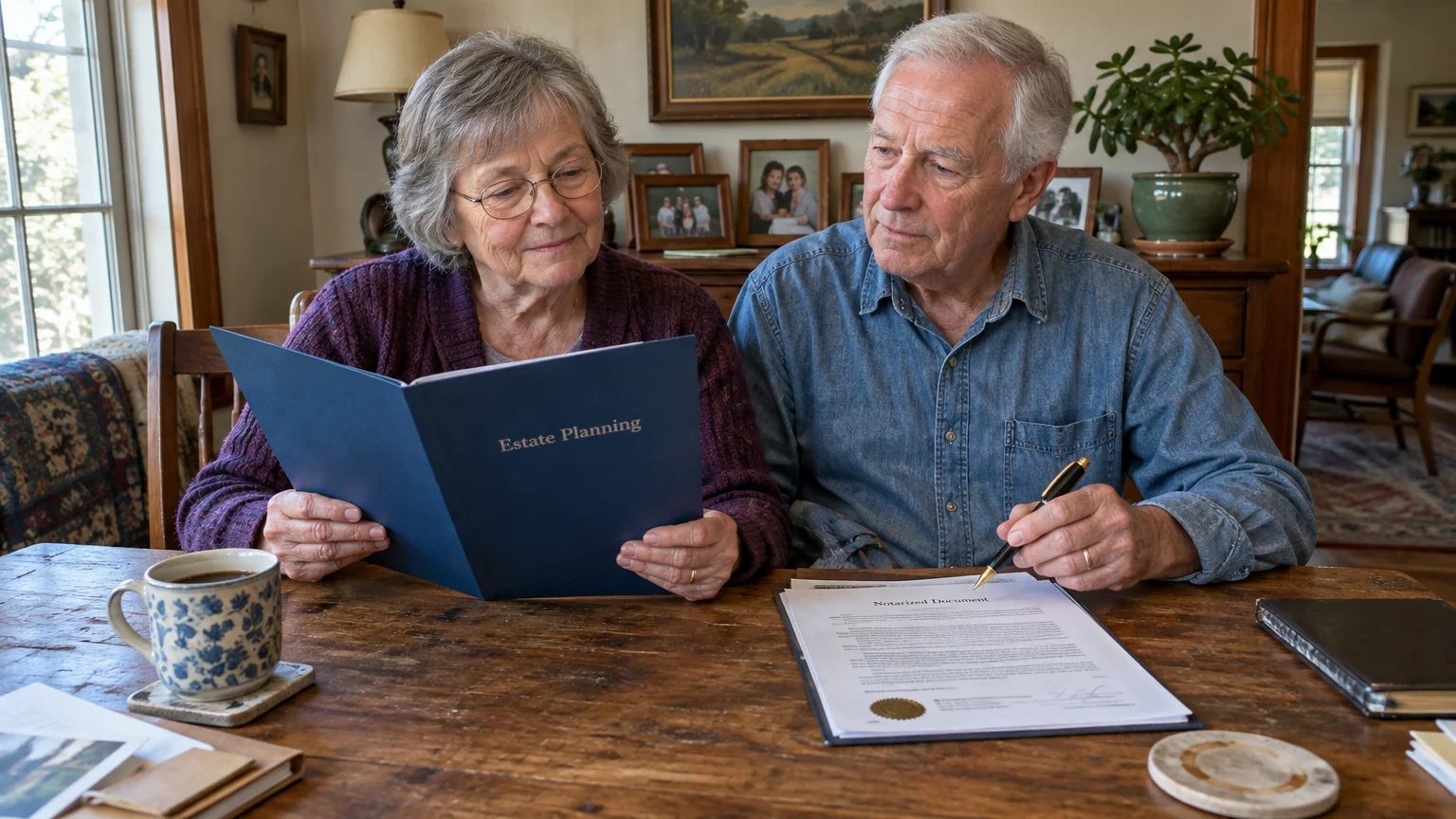 Senior couple sitting at a wooden table reviewing a blue Estate Planning folder and signing a notarized document.