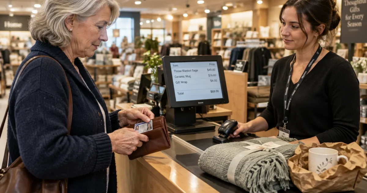 A senior woman pulls an ID card from her wallet at a retail checkout counter while a cashier scans items.