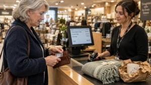 A senior woman pulls an ID card from her wallet at a retail checkout counter while a cashier scans items.