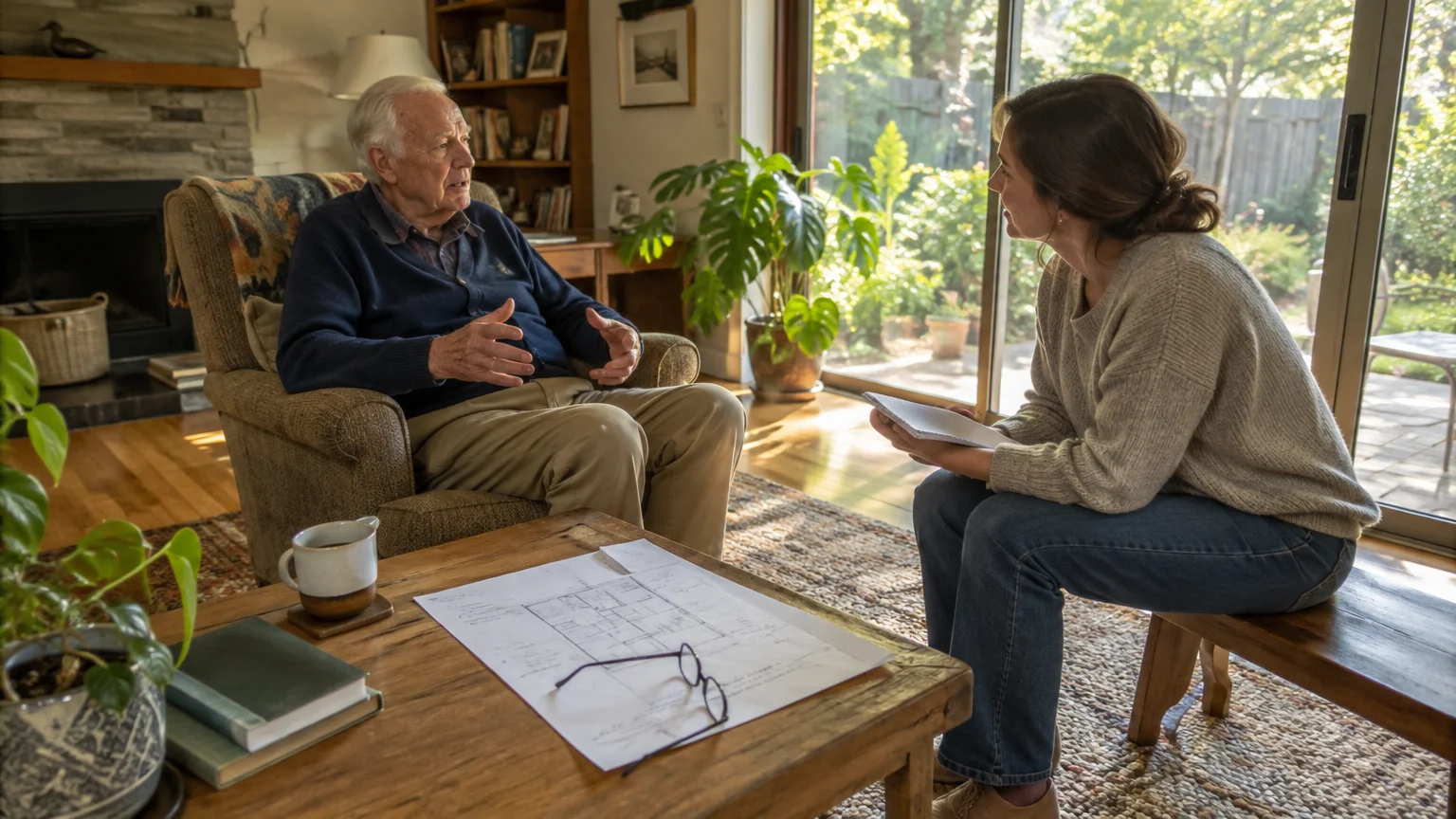 An elderly man in an armchair talks with a woman seated across from him in a sunlit living room with floor plans on a table.