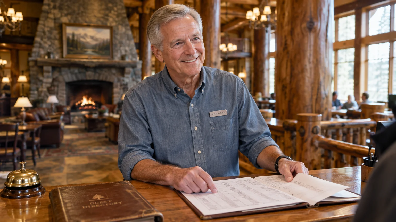Smiling senior man with a manager nametag reviewing a guest book at a rustic wooden hotel front desk with a stone fireplace.