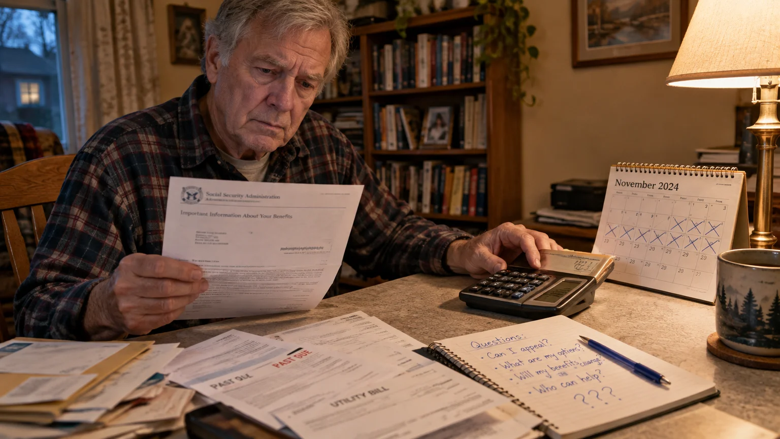 An older man at a desk reviews a Social Security document near a calculator, calendar, and past-due bills.