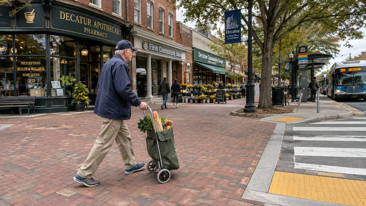 A man pulls a wheeled grocery cart along a brick sidewalk lined with shops, a crosswalk, and a transit bus stop.