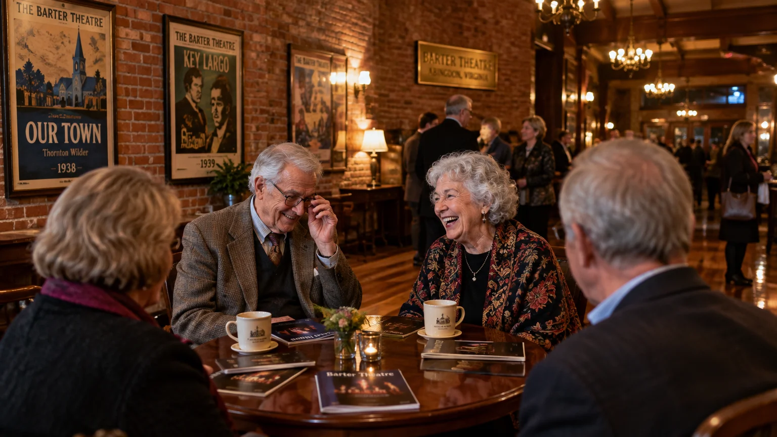 Four older adults laughing around a wooden table with theater programs and mugs inside a brick lobby.