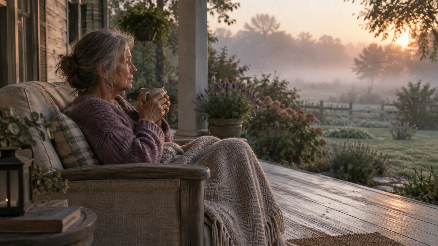 Senior woman sitting on a wooden porch armchair wrapped in a blanket, holding a mug and looking out at a foggy yard at sunrise.