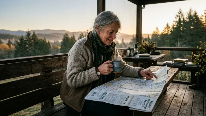 Older woman drinking tea while looking at a paper map on a rustic wooden balcony overlooking a forest.