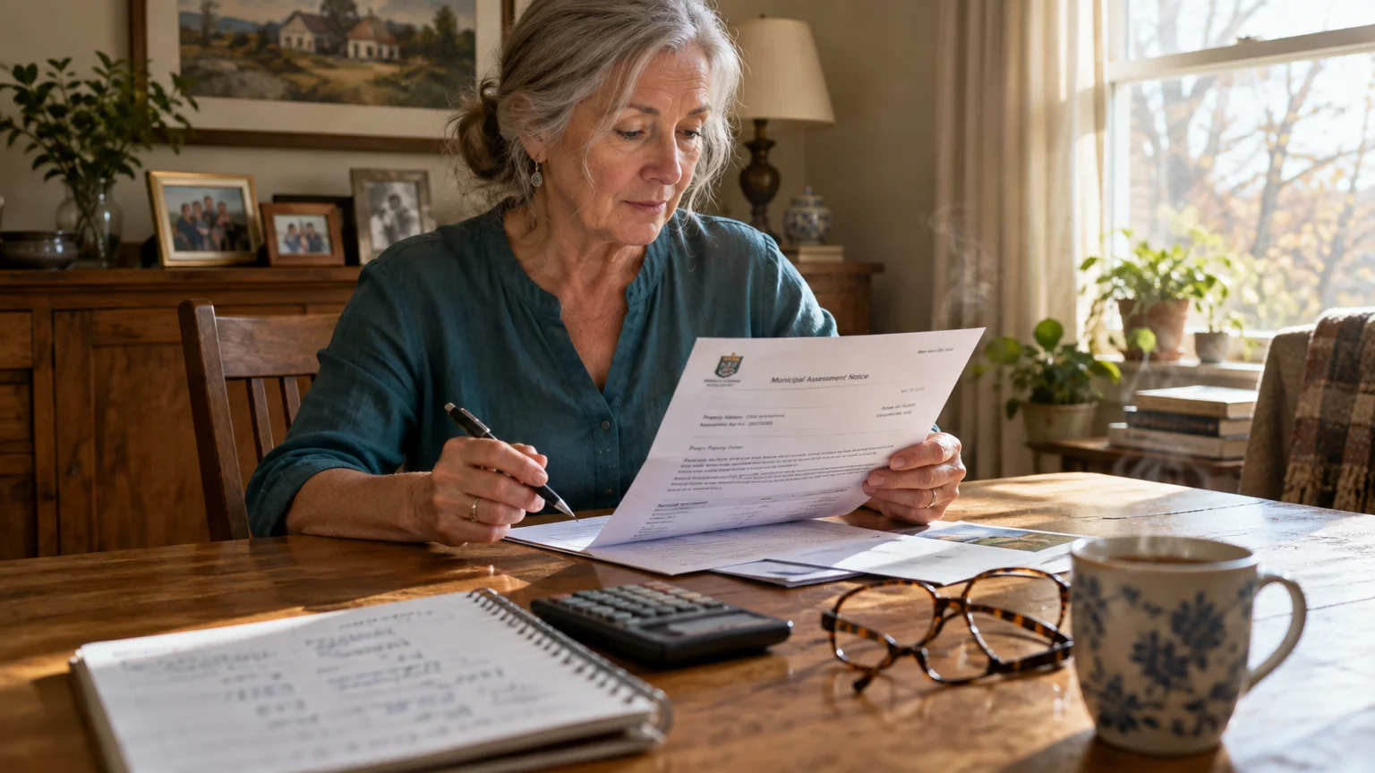 A senior woman sits at a wooden table reviewing a municipal assessment notice with a pen, notebook, and calculator.