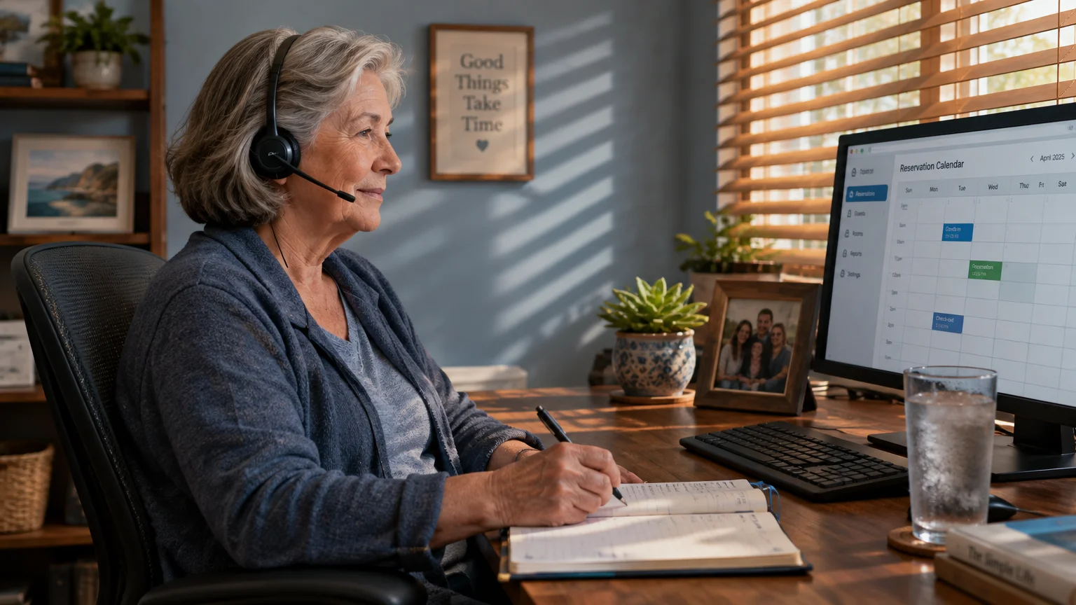 A senior woman with a headset takes notes at a wooden desk in front of a computer showing a reservation calendar.