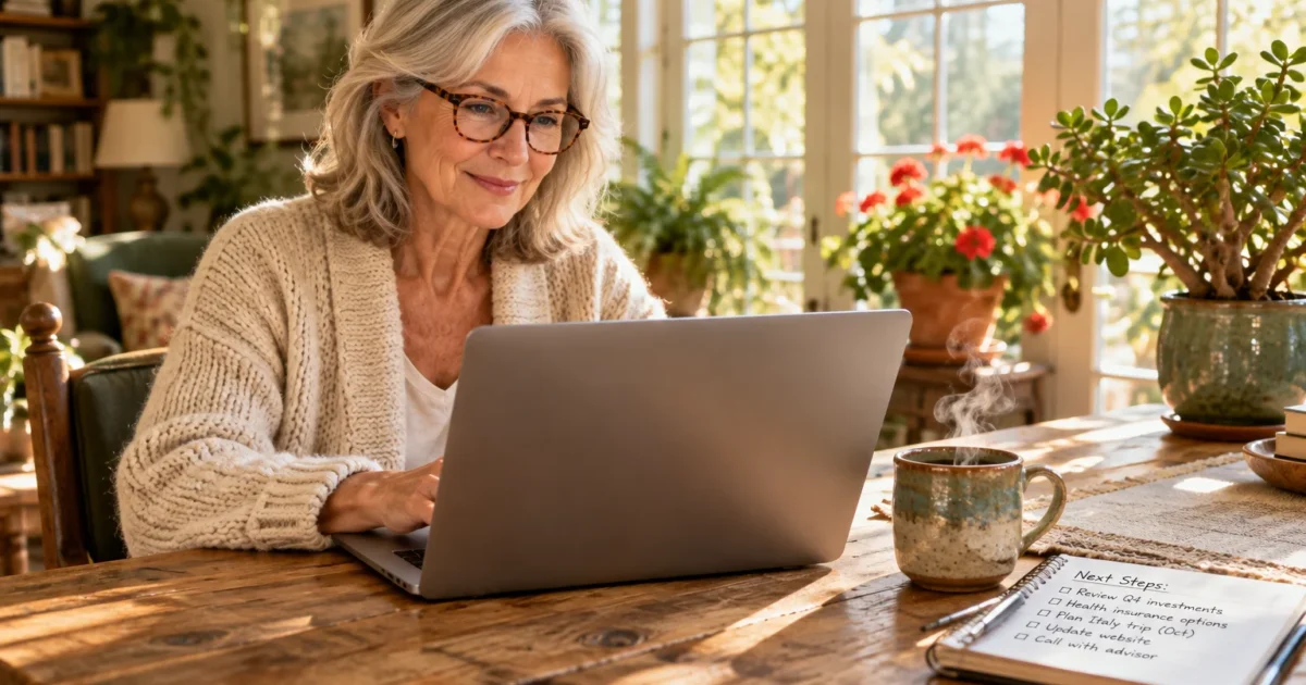 Older woman with glasses smiling at a laptop near a steaming mug and notepad on a wooden table.