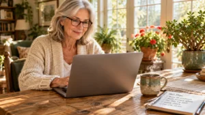 Older woman with glasses smiling at a laptop near a steaming mug and notepad on a wooden table.