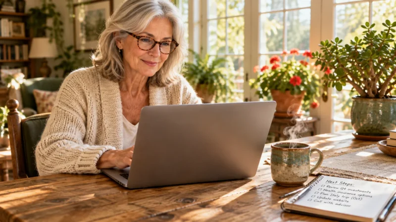 Older woman with glasses smiling at a laptop near a steaming mug and notepad on a wooden table.