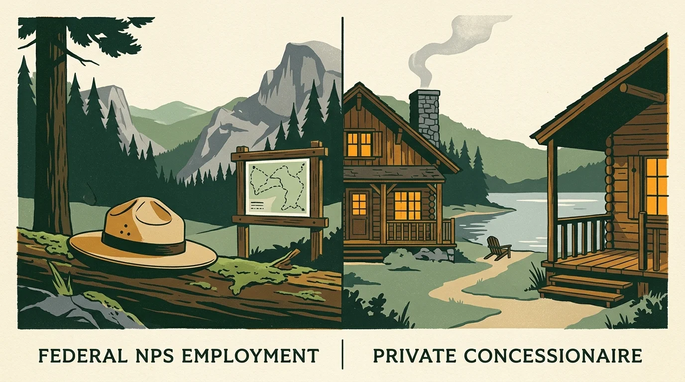 Split illustration contrasting a park ranger hat by mountain trails with rustic lakeside cabins.