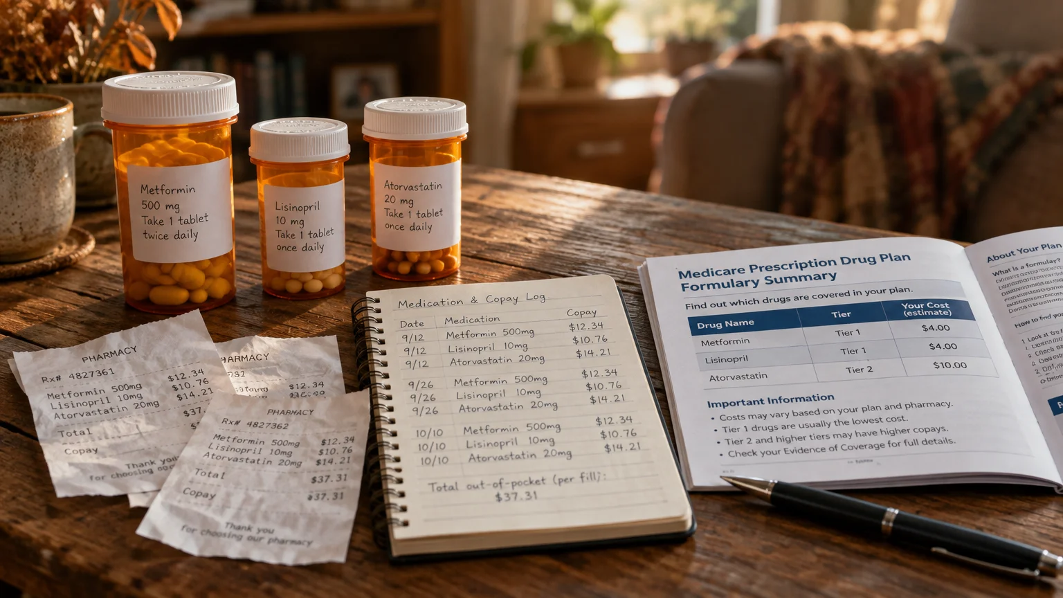 Pill bottles, pharmacy receipts, a medication copay log notebook, and an open Medicare formulary booklet on a wooden table.