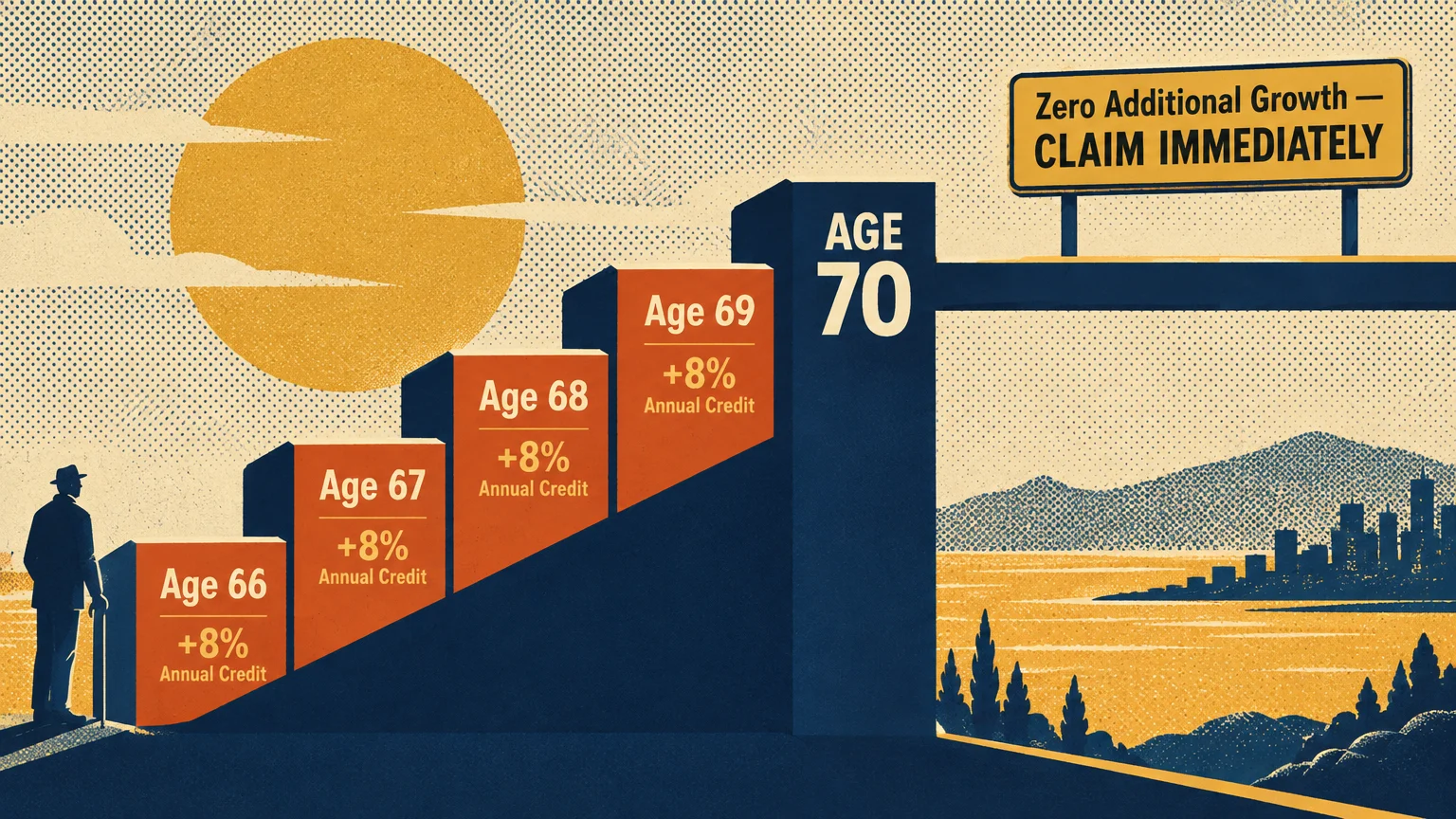 Illustration of rising steps marked with 8% credits up to age 70, ending before a sign reading claim immediately.