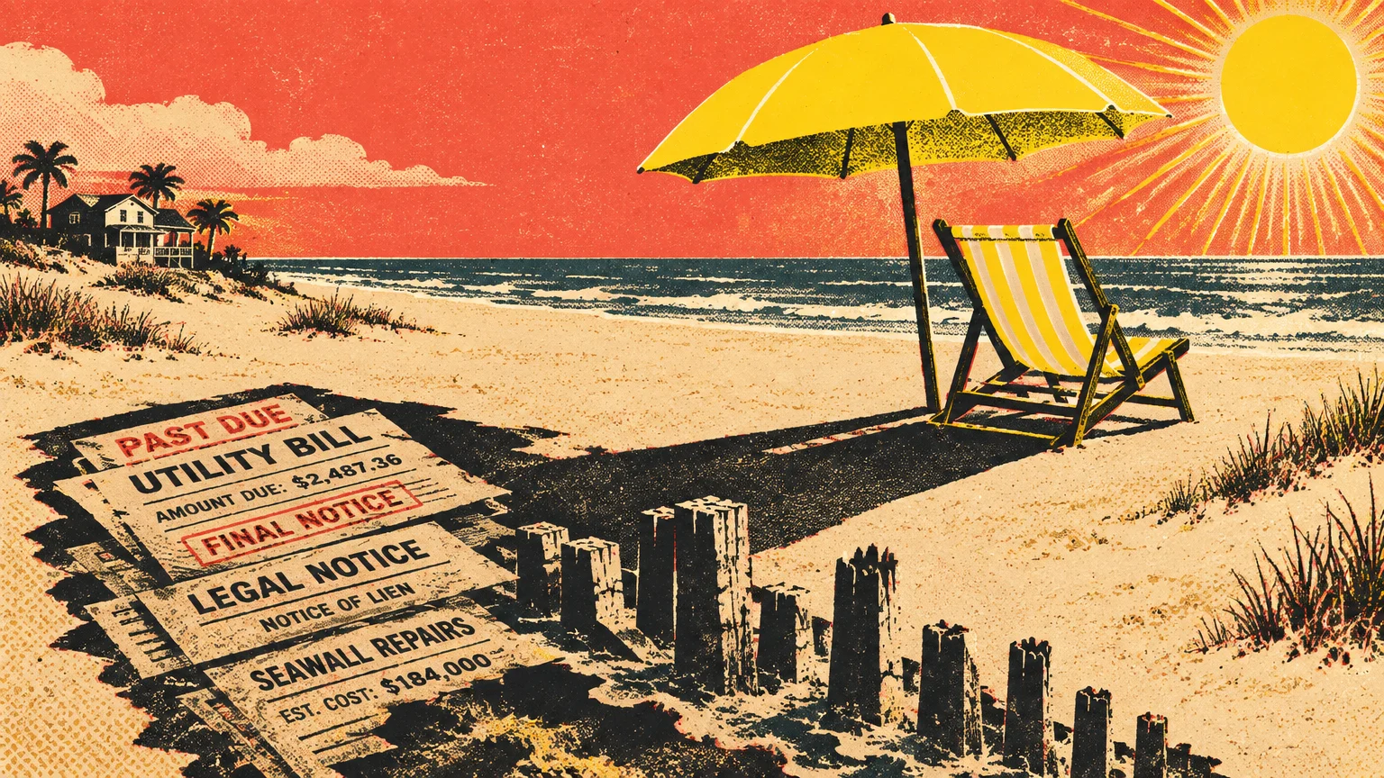 Retro illustration of a beach chair and umbrella casting a shadow containing past due utility and repair bills.