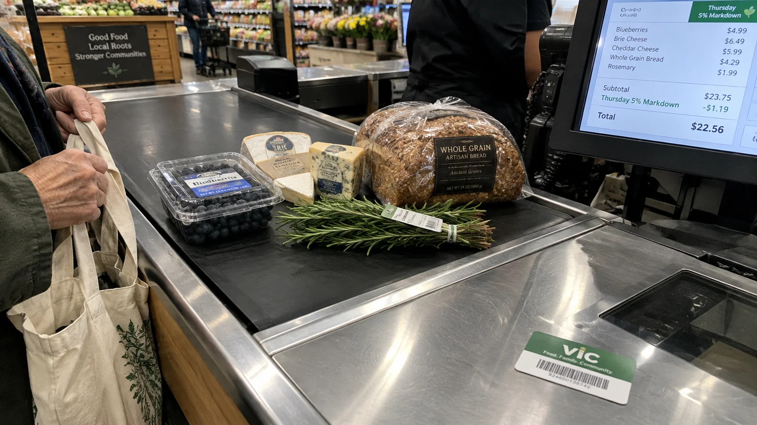 Groceries on a checkout belt next to a register screen showing a Thursday 5% markdown and a VIC store card.