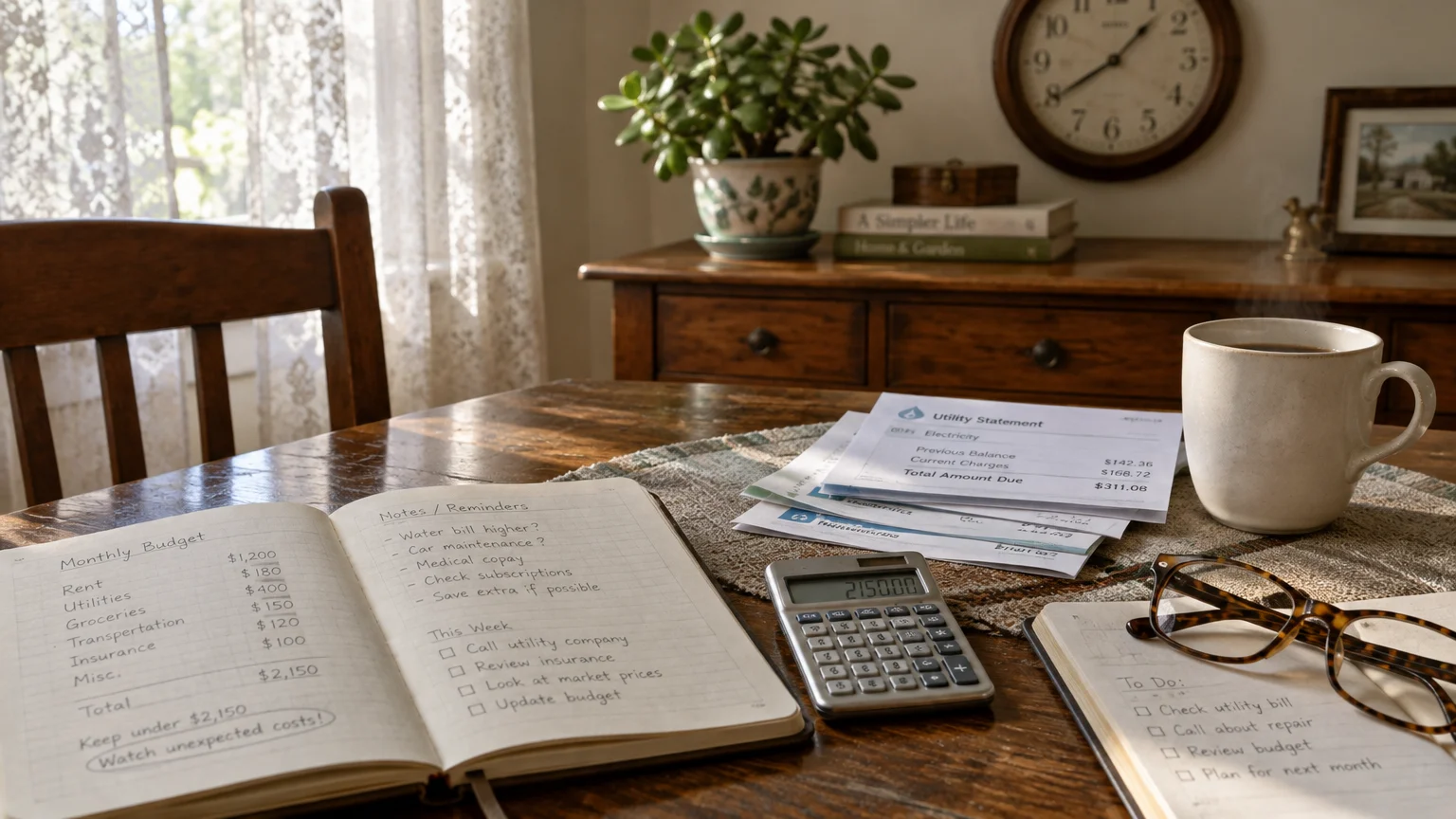 Budget notebook, calculator, utility bills, eyeglasses, and coffee mug arranged on a rustic wooden table.