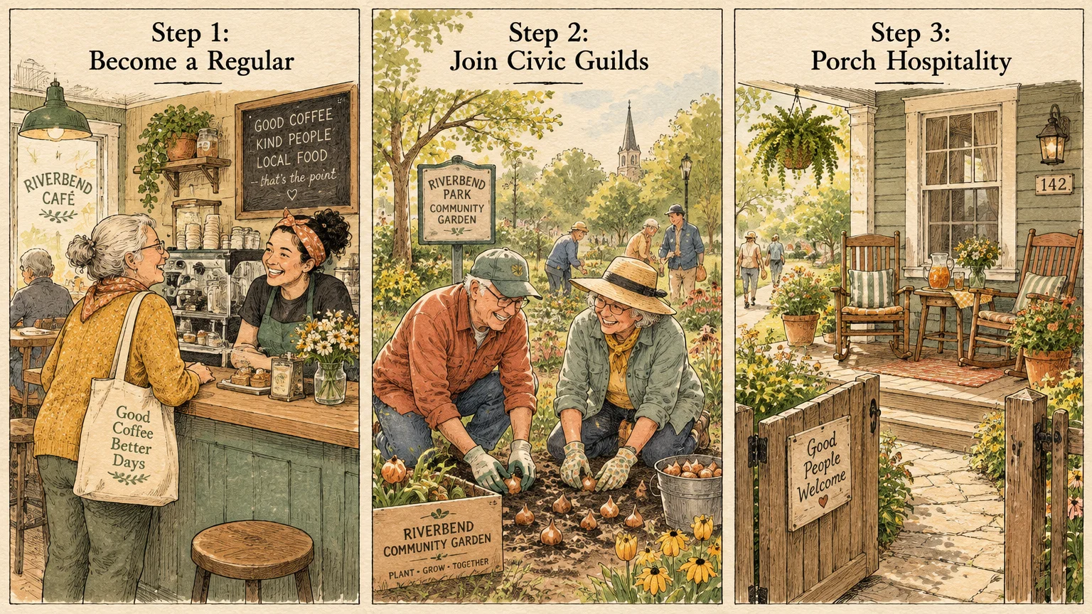 Three-panel illustration showing a woman at a cafe counter, two seniors gardening together, and a welcoming front porch.
