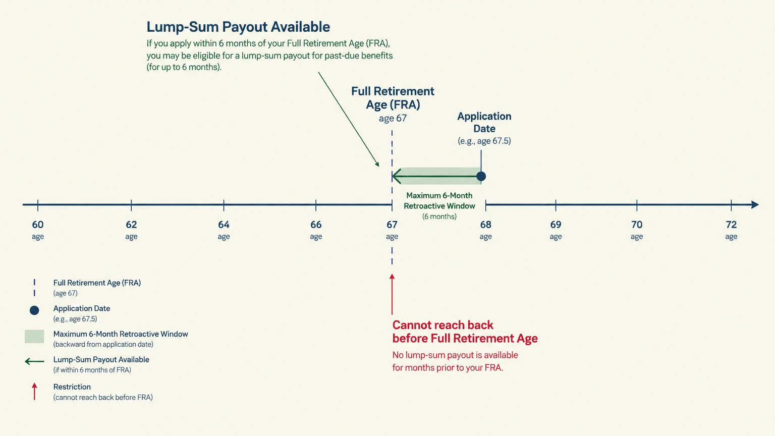 Timeline diagram illustrating a six-month retroactive window stopping at Full Retirement Age age 67 from an application date.