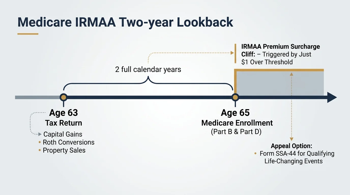 Timeline showing a two-year lookback from age 63 tax returns to age 65 Medicare enrollment and an IRMAA surcharge cliff.