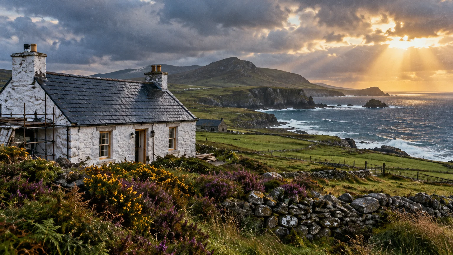 White stone cottage under renovation on a rugged, grassy Irish coastline overlooking ocean cliffs at sunset.
