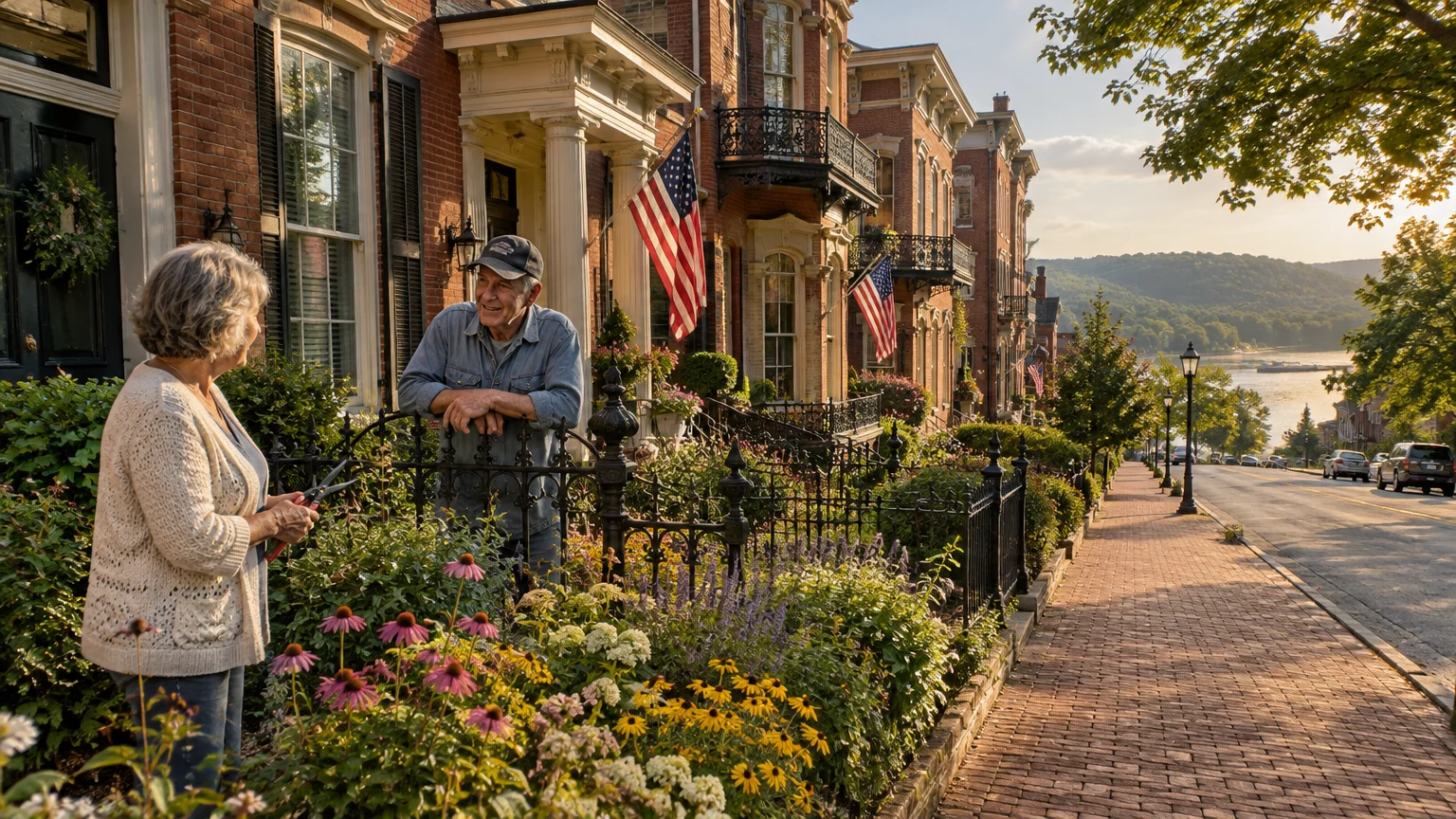 A man and woman talk over a garden fence outside historic brick row houses along a tree-lined street sloping toward a river.
