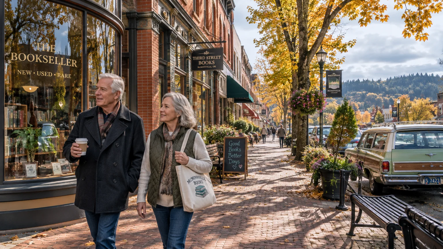 A senior couple walks along a brick sidewalk lined with shops, bookstore windows, and autumn trees in a historic downtown.