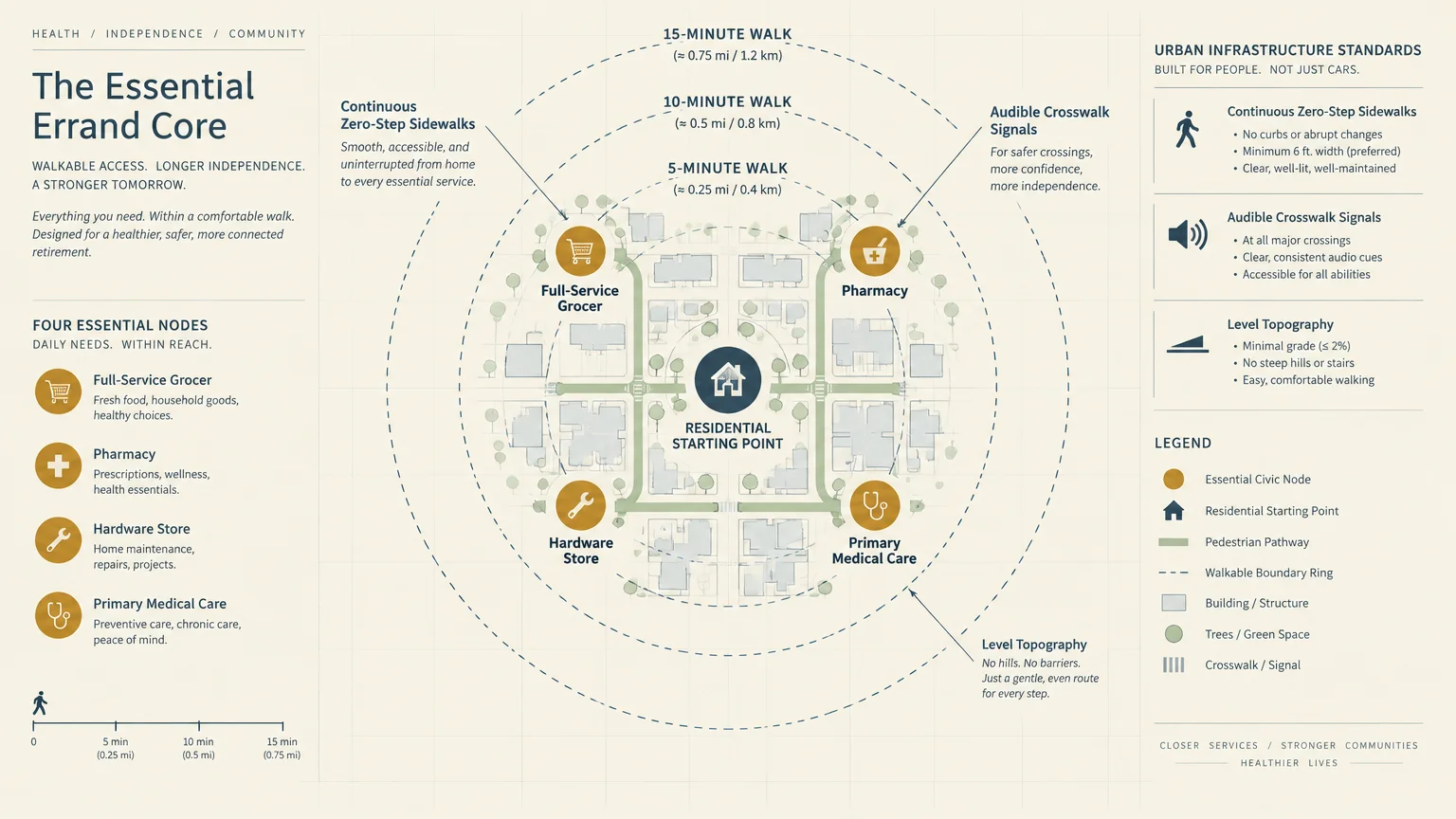 Diagram mapping an essential errand core with walkable radius rings around a residential starting point and urban services.