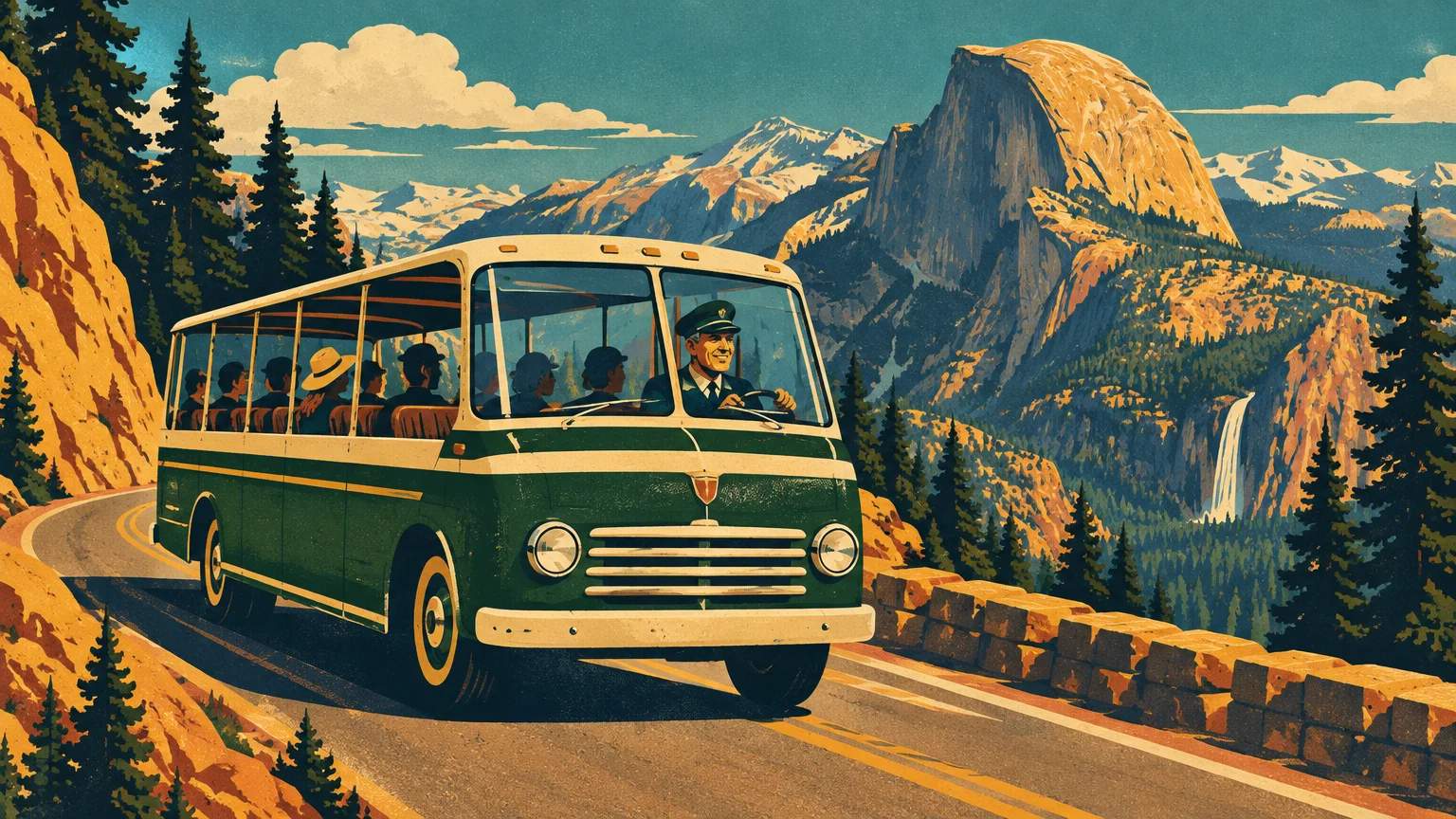 Illustration of a green tour bus carrying passengers along a winding mountain road overlooking a granite dome and waterfall.