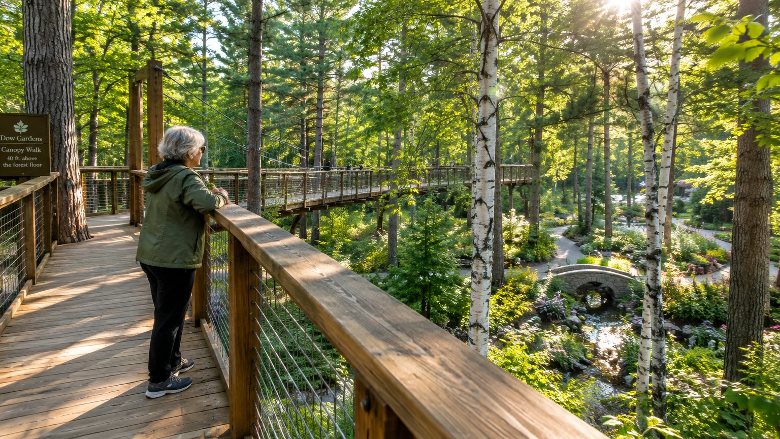 A woman stands on an elevated wooden canopy walkway overlooking a lush forest with a stone bridge and stream below.