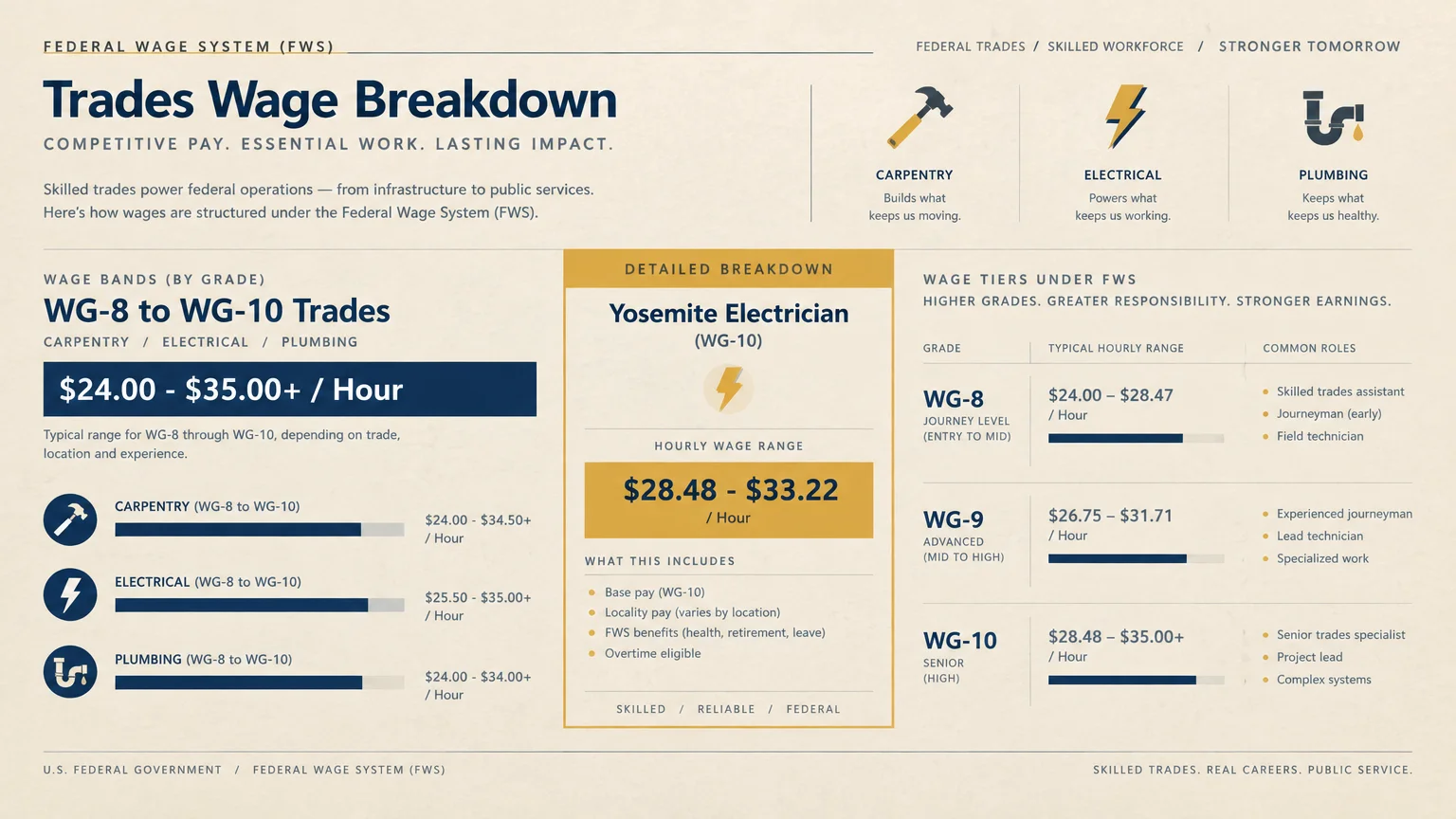 Infographic detailing Federal Wage System trades wage breakdown, showing WG-8 to WG-10 pay tiers and Yosemite electrician rates.