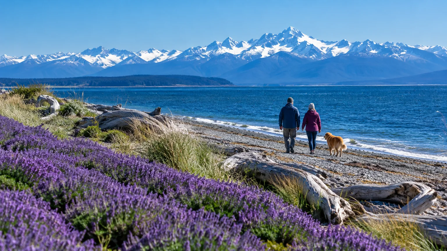 A couple and their dog walk along a driftwood beach bordered by lavender, with snow-capped mountains across the blue water.